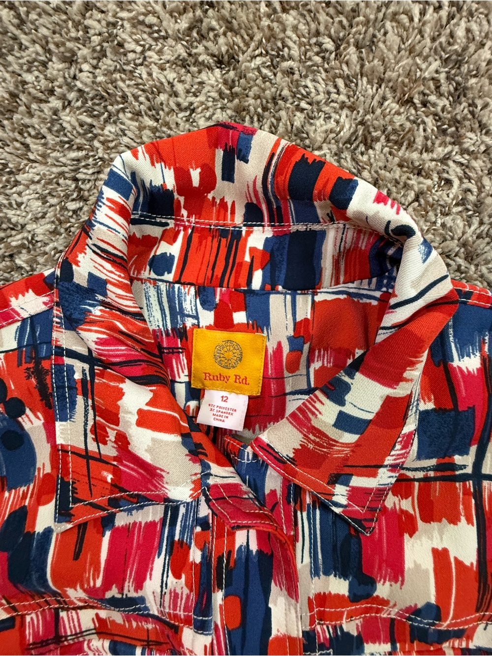 Ruby Rd. Red Navy White Brushstroke Button-Front Jacket - Picture 3 of 3